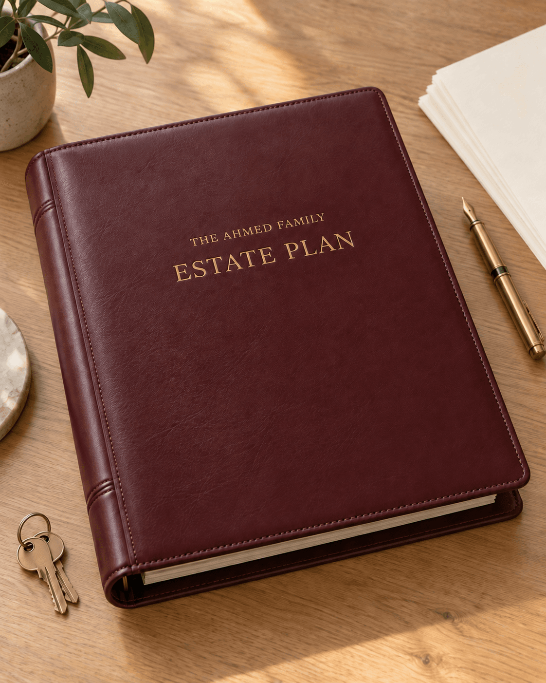 Burgundy leather estate plan binder with gold lettering for the Ahmed family