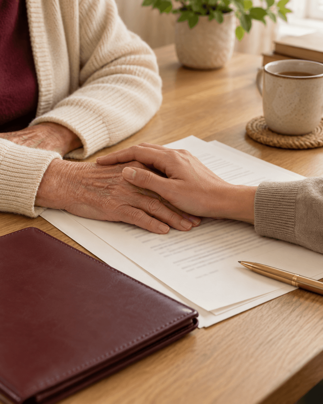 An adult child resting a reassuring hand on an older parent's hand as they review estate planning documents
