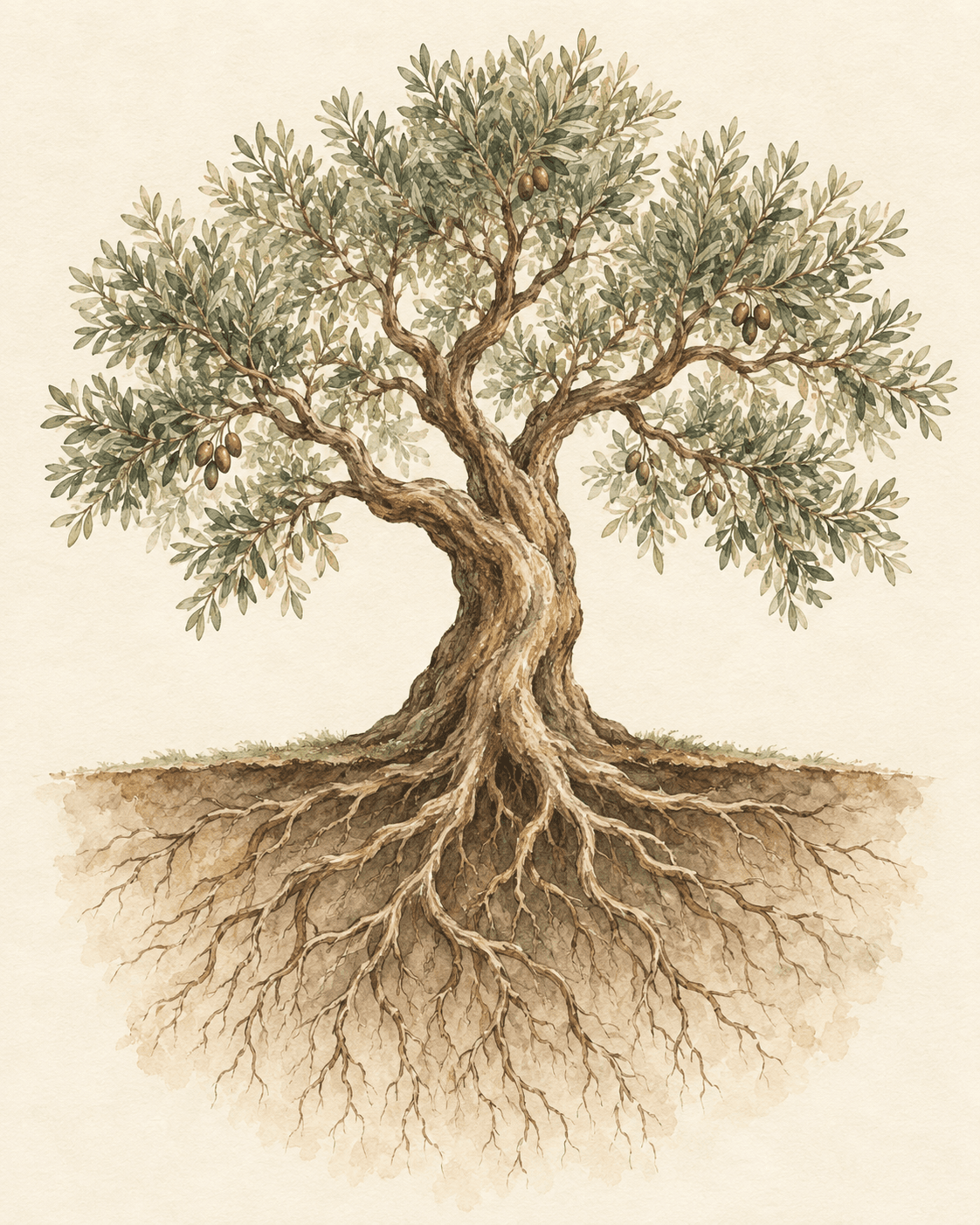 Watercolor illustration of an olive tree with spreading branches and roots